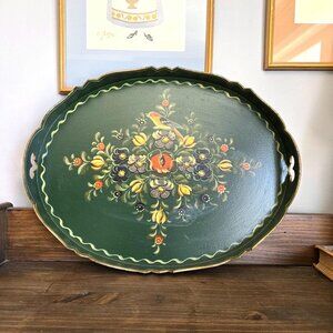 Handpainted Hindeloopen Wooden Tray w Handles Bird Flowers Dutch Floral Folk Art